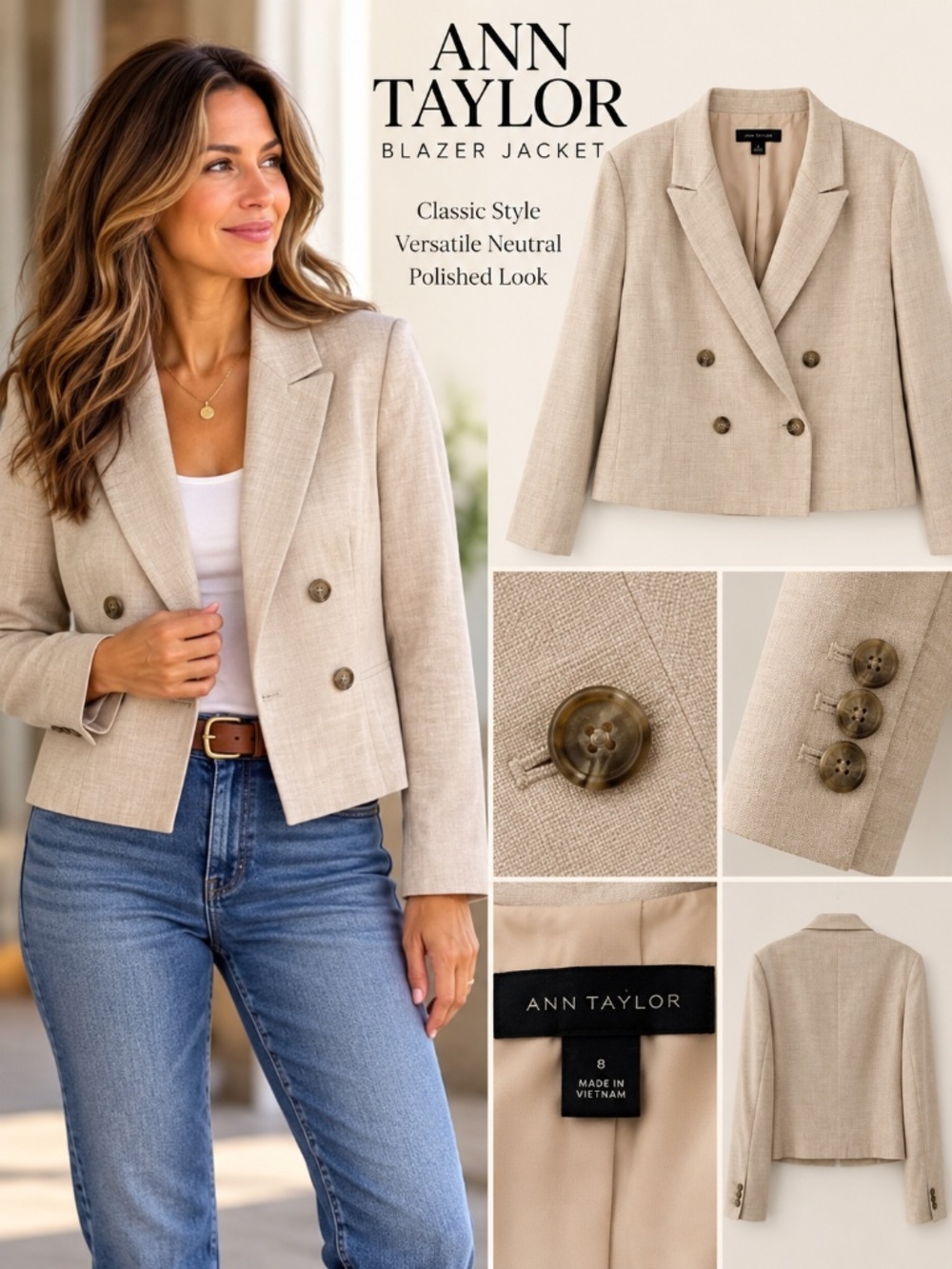 Ann Taylor Cropped Double Breasted Blazer Jacket Beige Size 8